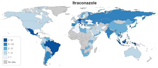 Number of generic formulations of itraconazole in each country worldwide